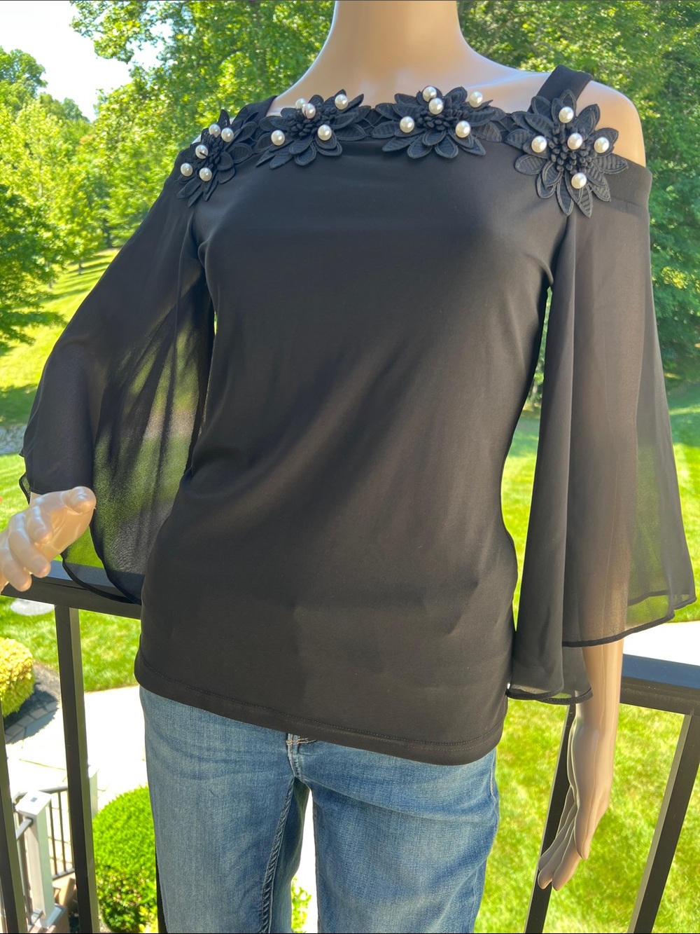 Joseph Ribkoff Black Cold-Shoulder Floral Pearl-Embellished Blouse